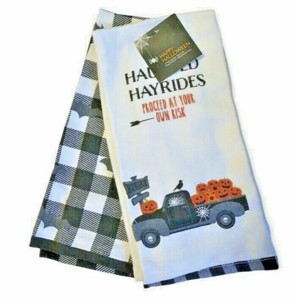 Halloween Kitchen Dish Towels Haunted Farm Truck Pumpkin Buffalo Check Set of 2